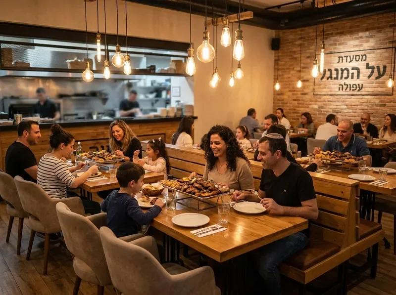 משפחה נהנית מארוחה במסעדה באווירה חמה ומוארת